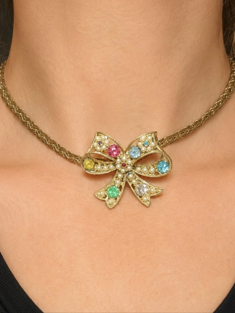 Vintage Hazel Chalmers 24K Gold Plated Necklace with Multicolor Gem Bow Pendant